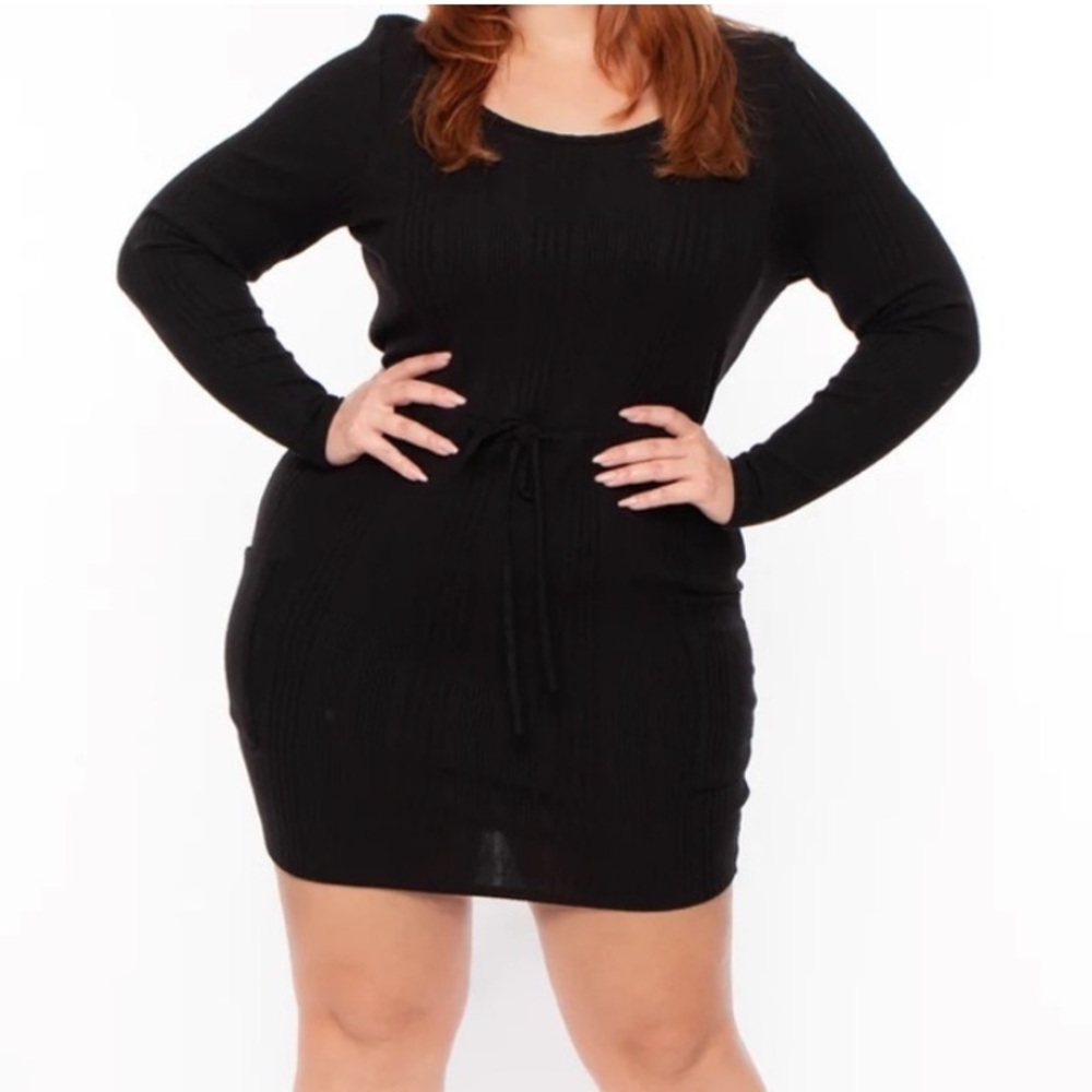 🟤NWT CURVY SENSE Plus Ribbed Midi Dress w/Drawstring and Pockets in Black